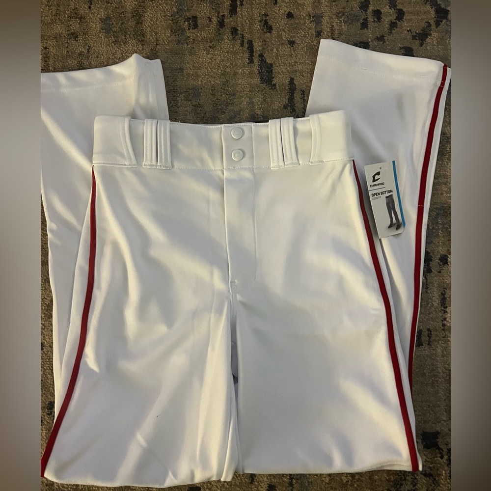 NWT Youth Champro baseball pants. White with red piping, open leg, size Large